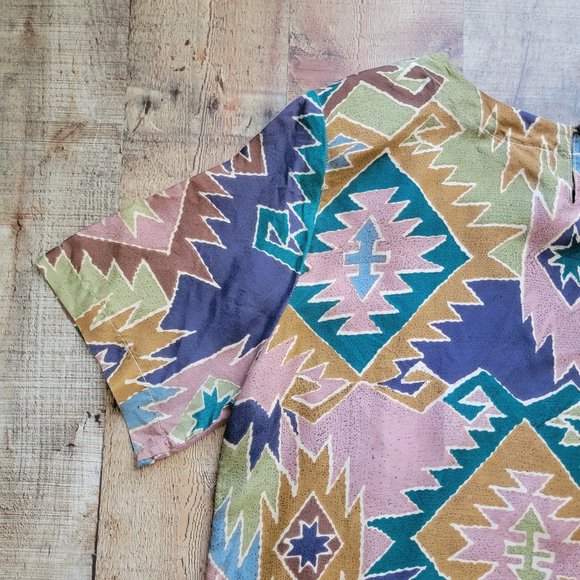 Aztec Print 100% Silk Short Sleeve Blouse - Picture 8 of 12